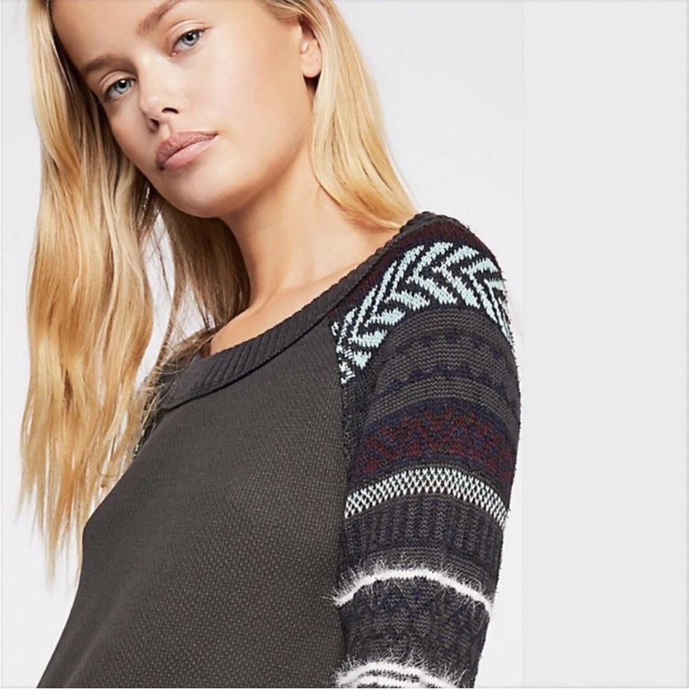 Free People Fairground Thermal Sweater waffle knit Small Bell sleeve boho crop - Picture 4 of 12